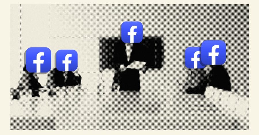 People with Facebook icons imposed over their faces sit and stand around an office conference table.