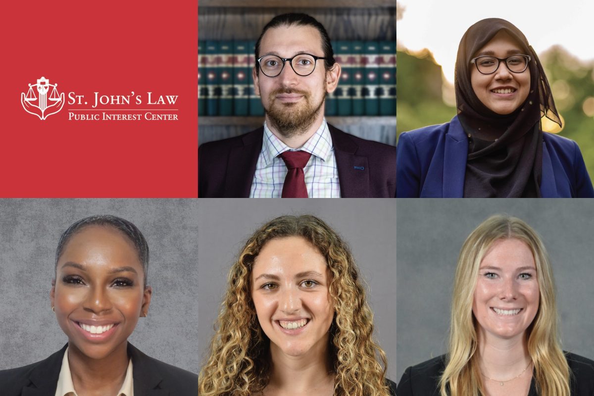 Clockwise from top left: St. John's Law Public Interest Fellows Justin Gorgchuk, Sadia Kauser, Hannah Stubbs, Bridget Murphy, and Sabrina Meristil. 